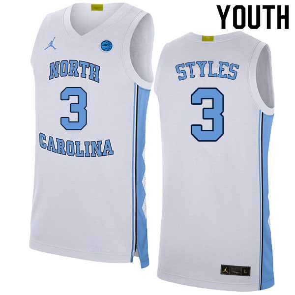 Youth #3 Dontrez Styles North Carolina Tar Heels College Basketball Jerseys Sale-White - Click Image to Close